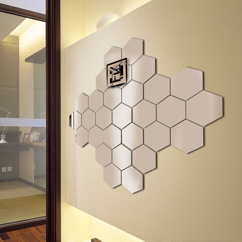 Cermin Hexagonal  Keren 12 pcs E416 Kaca Hexagonal Ukuran Kecil Hiasan Dinding Wallpaper Sticker Cermin Import Real Pict