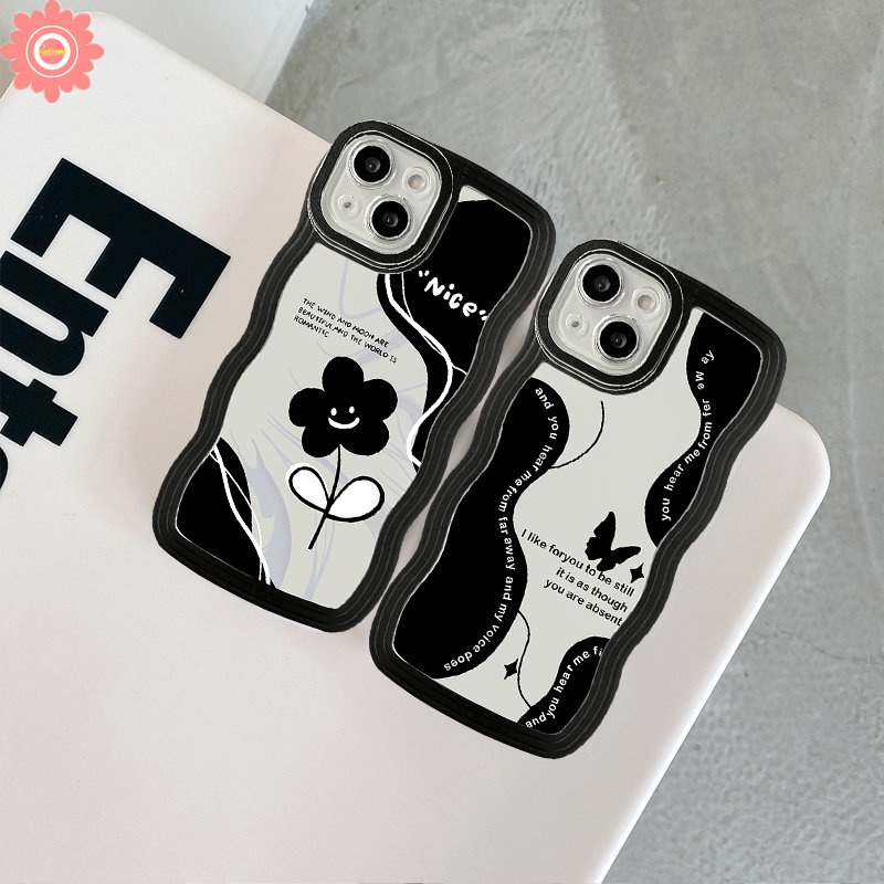 Case POCO X3 NFC Pro M3 Redmi 10 9 10C 9T 9A A1 A1+10A 9C NFC Redmi Note 11 10 10s 8 9 11Pro 9s 10Pro Max Mi 11T Pro Vintage Flower Black Retro Kupu Wavy Edge Soft Cover