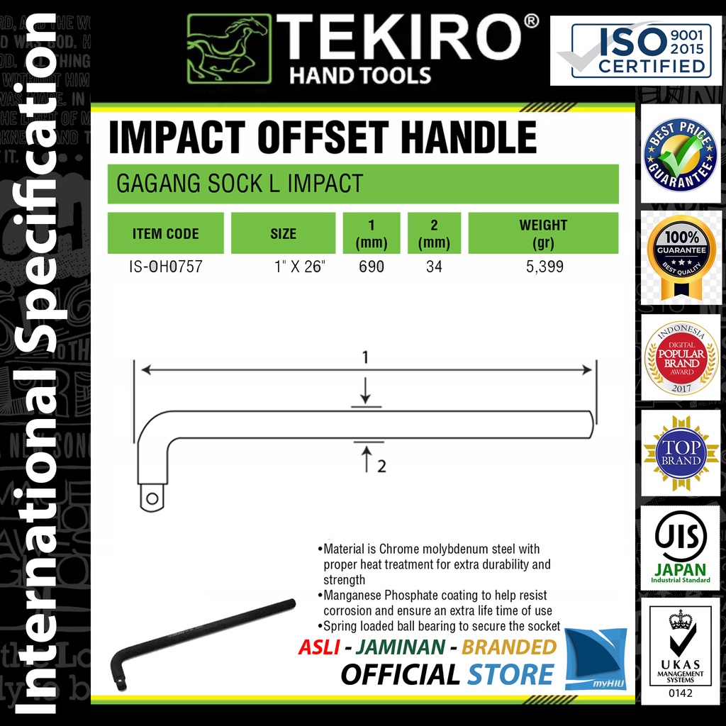 Gagang Soket L PUKUL 1&quot; inch DR x 26&quot; inch / Kunci IMPACT Offset Socket Handle Sock Spanner TEKIRO