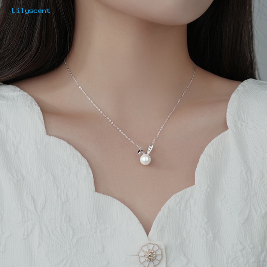 [LS] Wanita Kalung Slim Link Rantai Elegan Dainty Temperamen Hadiah Hypoallergenic Berkilau Mutiara Imitasi Kelinci Liontin Kalung Fashion Perhiasan