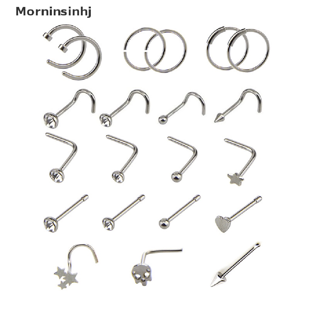 Mornin 21Pcs/Set Cincin Hoop Hidung Kristal Tulang Bar Pin Tulang Rawan Studs Perhiasan id