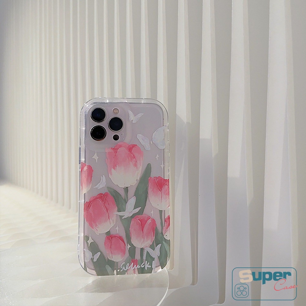 IPHONE Shockproof Airbag Phone Case Kompatibel Untuk Iphone14 13 Pro Max7 8 Plus 11 12 Pro MAX XR X6 6S PlusX XS MAX Fashion Segar Musim Semi Bunga Tulip Kupu-Kupu Soft TPU Case