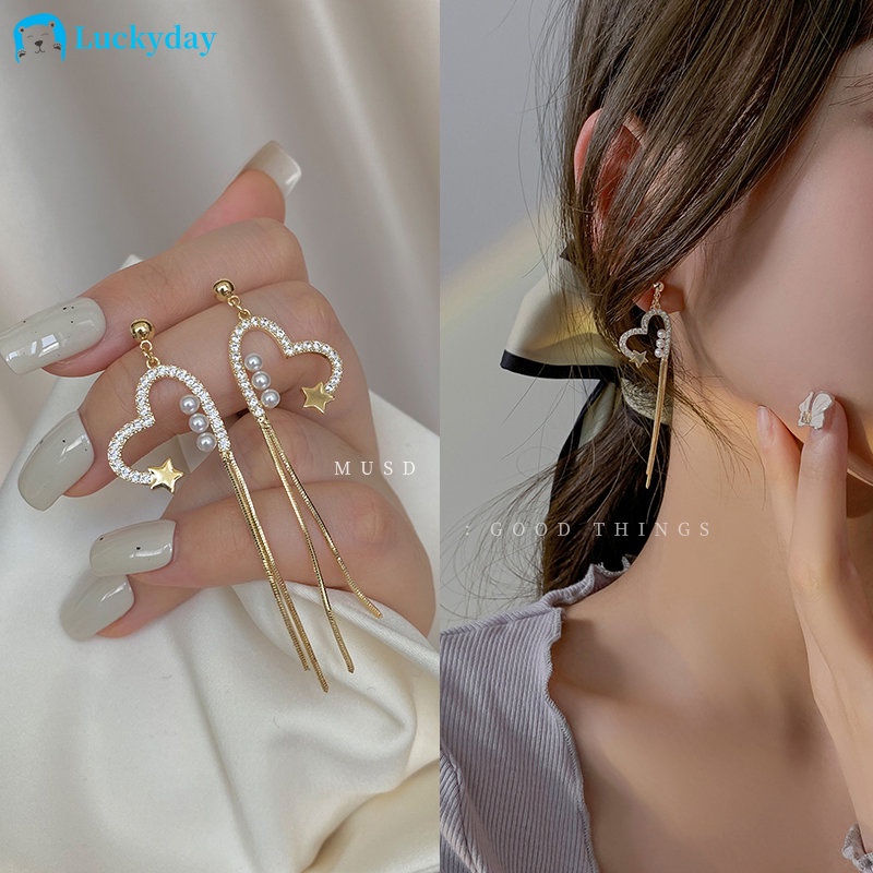 YEEZII Fahsion Anting Tusuk Emas Wanita Elegan Berongga Hati Drop Rumbai Earring Aksesoris Perhiasan