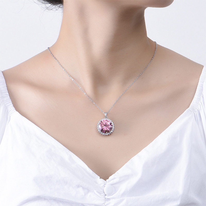 Kalung Cubic Zirconia Bulat Pink Aesthetic Untuk Wanita Temperamen Pengantin Manis Pernikahan Pertunangan Perhiasan Hadiah Ulang Tahun