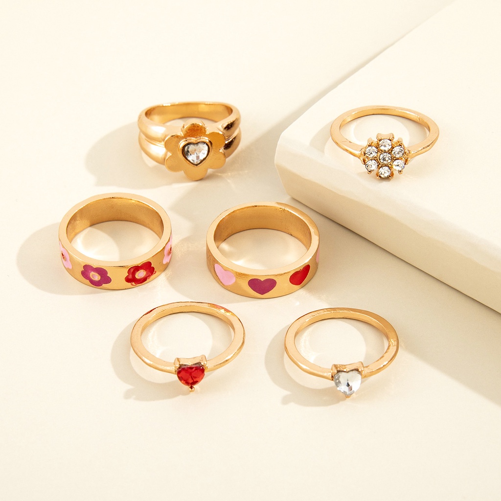 Kepribadian Fashion Warna Tetesan Minyak Warna Cinta Bunga Air Berlian Cincin Bersama Cincin Wanita 6-piece Set 6-piece Set Ring