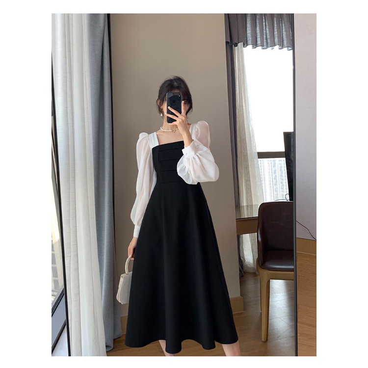 Korea Dress Maxi A-line Lengan Panjang Hitam Vintage Fashion Kekinian Wanita