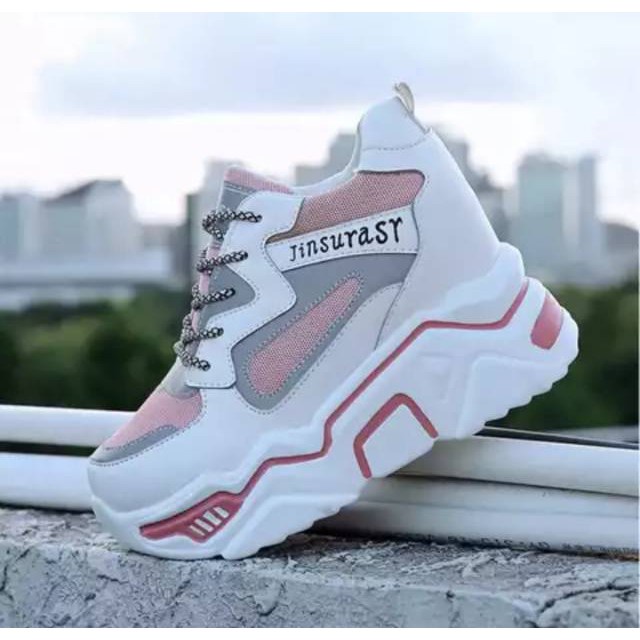 Sepatu Sneakers Wanita Cladiva Putih Pink Tali Casul Style Import Korea Jinsurast Sol Tinggi 5cm FSH146