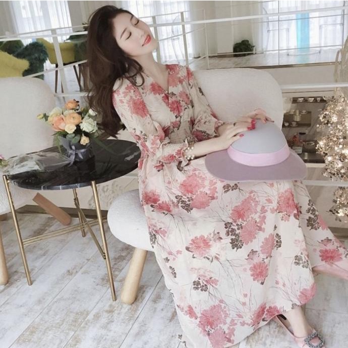 [GRETA]Dress gamis motif bunga sifon korean style hijab lengan panjang