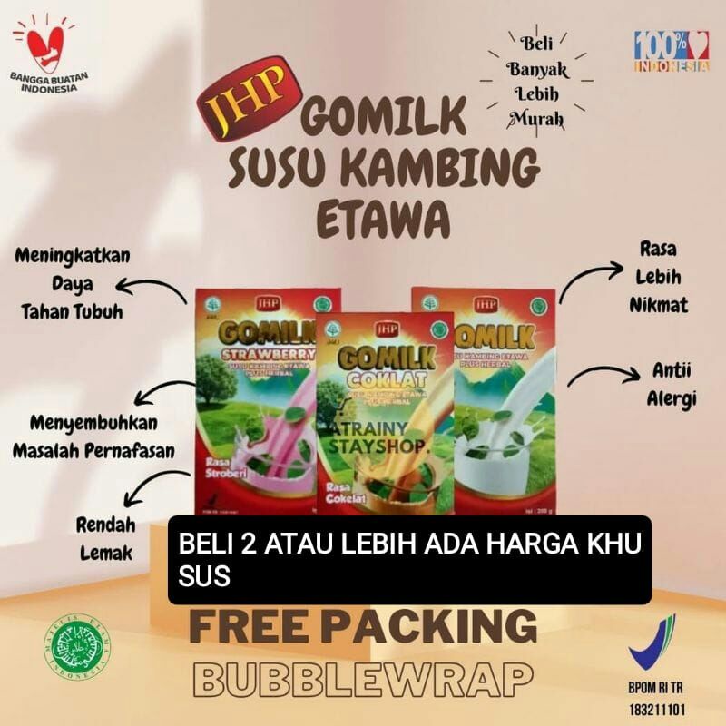 

Gomilk susu kambing etawa rasa original, coklat dan stroberi kemasan 200 gram