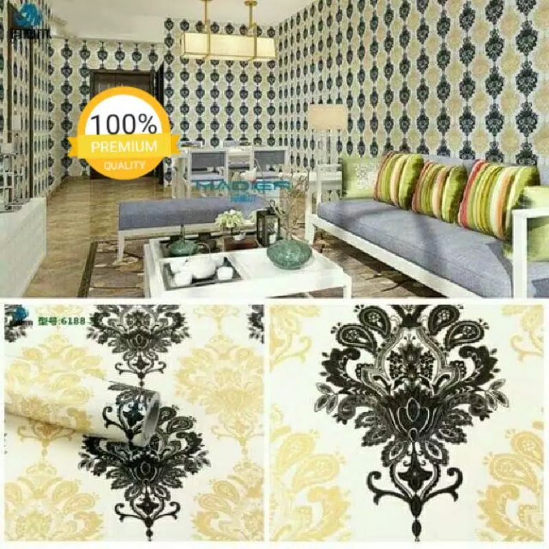 Wallpaper Sticker Dinding Batik Hitam Gold Panjang 9M++++ x Lebar 45cm