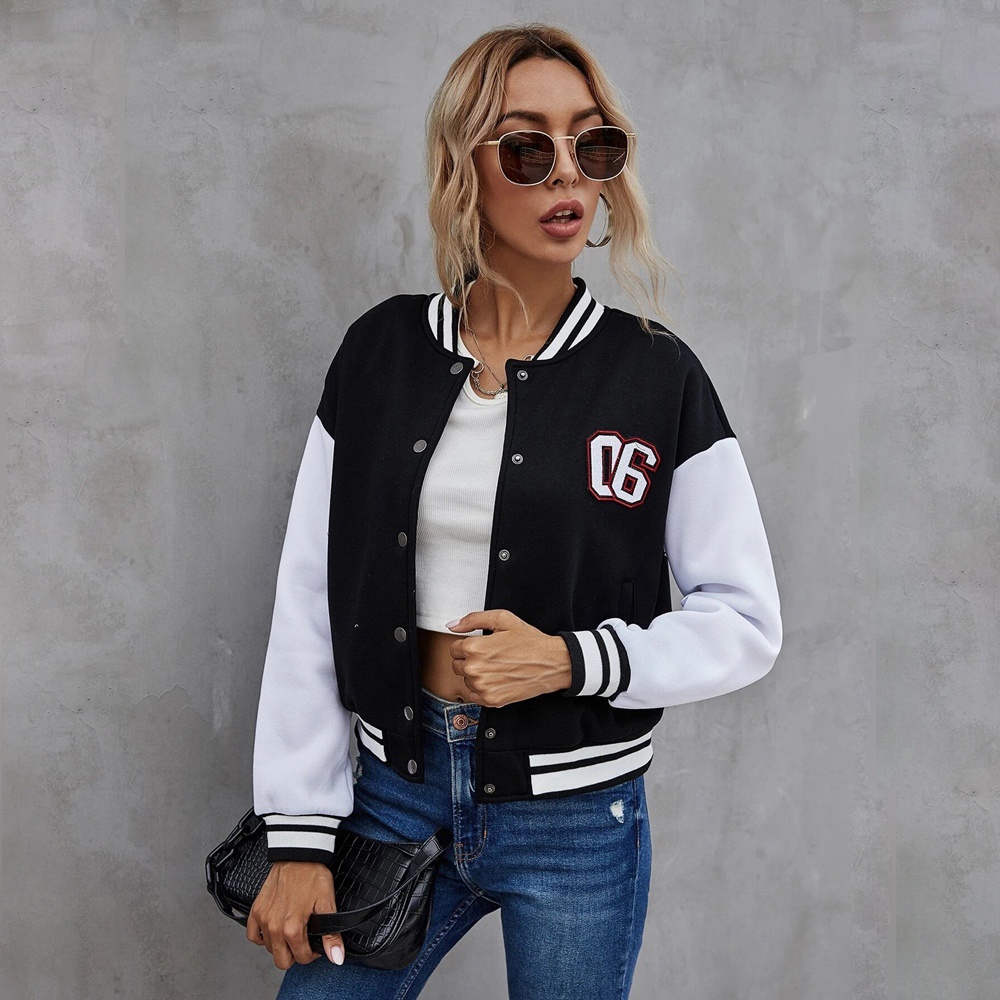 Varsity Cropped Baseball/ Bomber Crop Logo Number 06 Base Ball Two Tone Jacket Jaket Baseball Wanita