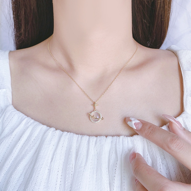 Kalung Desain Planet Bahan Zirkon | Kalung Rantai Clavicle Dengan Liontin Bintang Chalcedony Untuk Wanita | Kalung Collar Untuk Wanita | Sendok Garpu Bahan Stainless Steel | Emas 18k