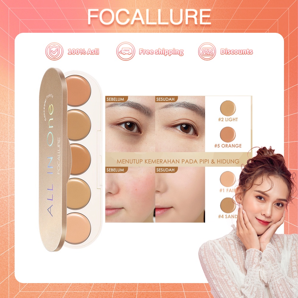 Focallure Memperbaiki  Light Concealer Liquid Foundation  5 in 1 Concealer Palette High Coverage Matte Powder-Conc  Conc