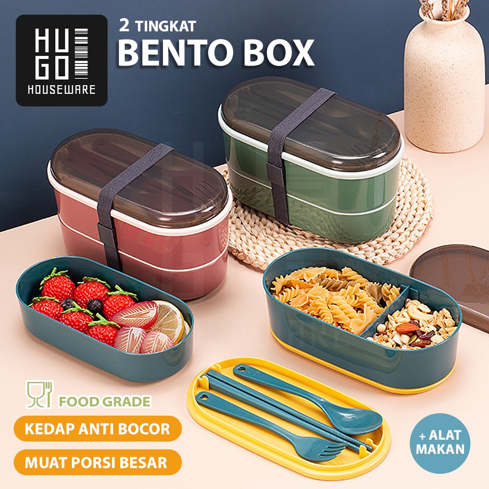 HUGO Kotak Bekal Makan Siang Lunchbox 2 Layer 700 ml Free Alat Makan Tempat Makan Set