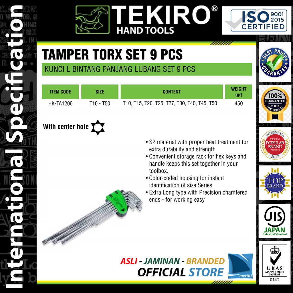 Set Kunci L Bintang Panjang Isi 9 pcs Uk. Campur Ujung Berlubang / Long Tamper Torx Key TEKIRO