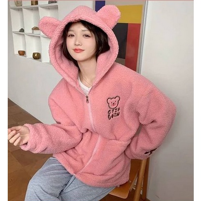 Jaket Saku Sherpa Bear Kasual Style Wanita Polos