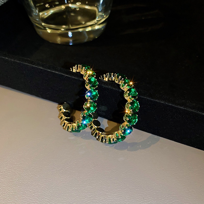 Shiny Luxury High Quality Inlay Hoop Earrings Bulat Hijau Zirkon Anting Kristal Untuk Wanita Hadiah Perhiasan Pesta Pertunangan
