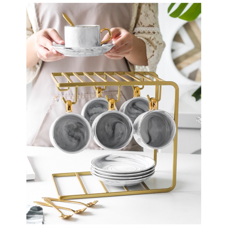 [Casa De Luxo] gelas marble set dengan piring dan sendok/ cangkir set keramik marble list gold lengk