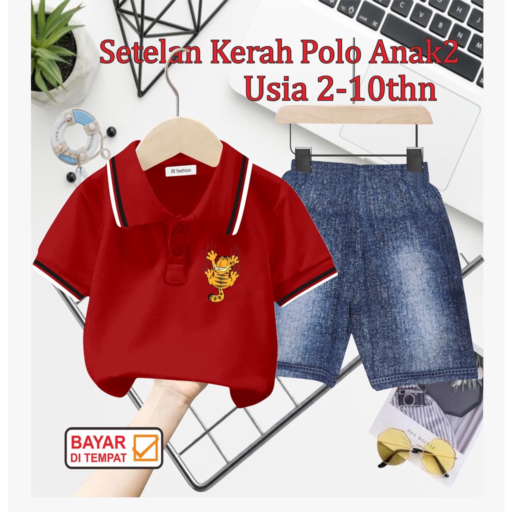 ((IB))SETELAN ANAK2 KERAH POLO/LOGO GARFIEL DIGITAL SABLON