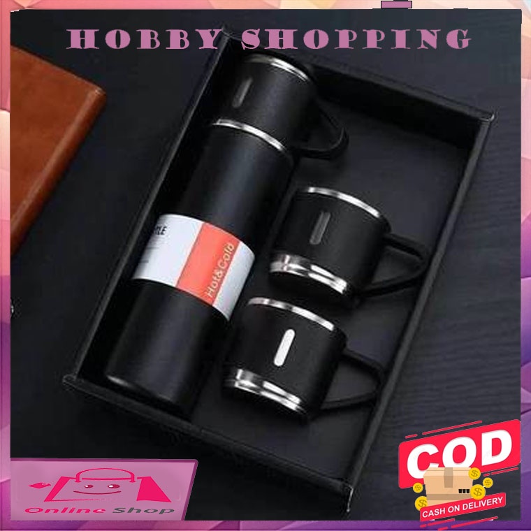 TERMOS VACUM FLASK 500ml//TUMBLER BOTOL MINUM SET - HITAM