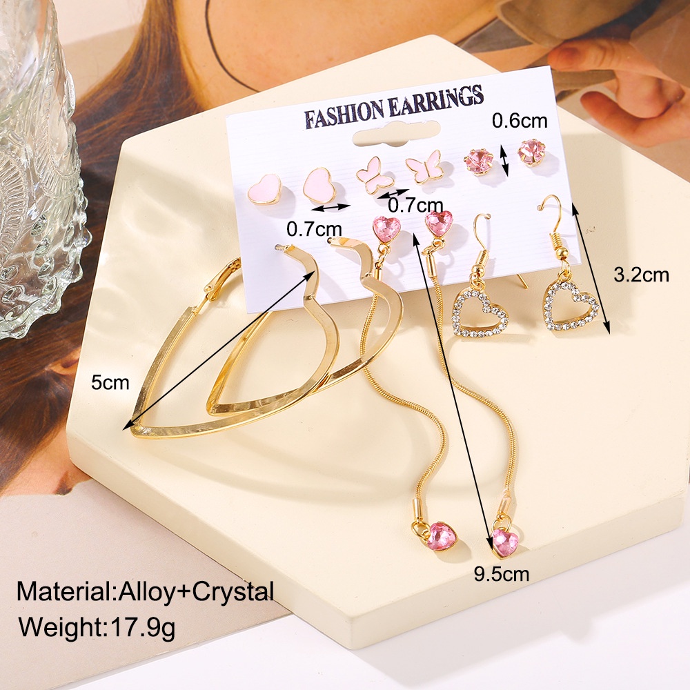 Lucu Merah Muda Kupu-Kupu Stud Anting Set Untuk Wanita Besar Berongga Hati Panjang Rumbai Drop Earring Perhiasan Harian Memakai Hadiah