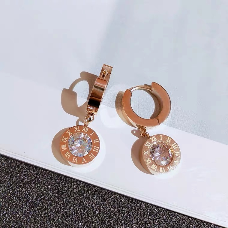 Anting Hoop Dengan Berlian Gaya Roman | Anting Rumbai Aksen Berlian | Anting Bahan Titanium Steel 18K Warna Rose Gold | Anting Bahan Stainless Steel