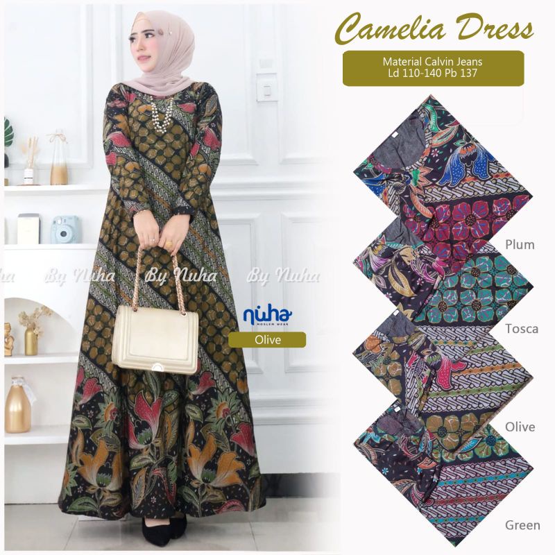 GAMIS BATIK MODERN TERBARU 2022 JUMBO CAMELIA DRESS BY NUHA CALVIN JEANS PREMIUM LD 110 MELAR SAMPAI