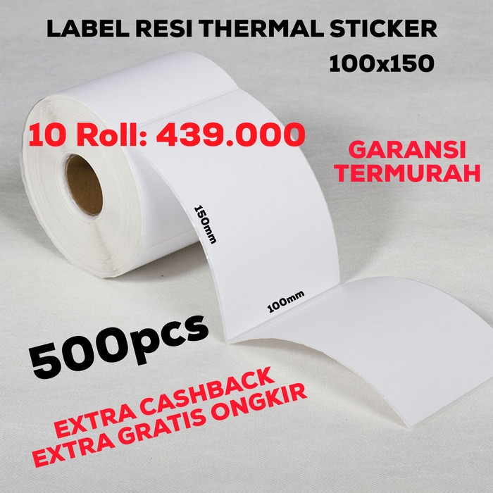 

Terlaris Label Kertas Thermal Sticker Resi 100X150Cm 10 Roll @500Lembar