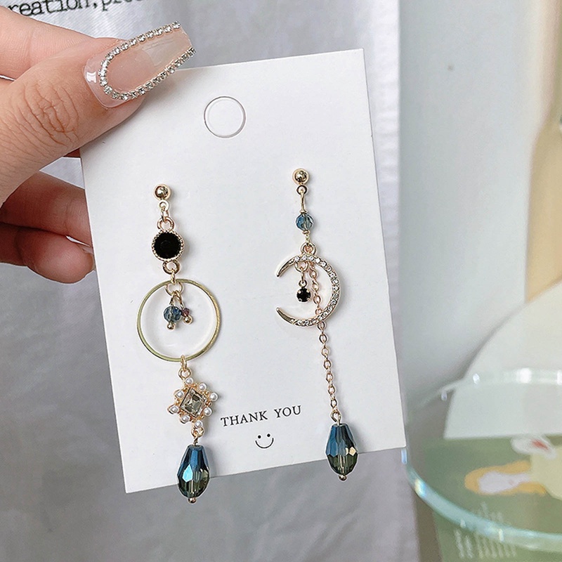 Manis Shiny Kristal Geometris Melingkar Drop Anting-Anting Panjang Asimetris Halus Bulan Pemodelan Fashion Wanita Earrings