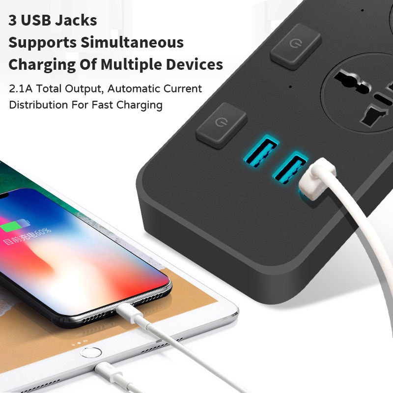 Soket Stop Kontak USB dengan Sakelar Independen dengan 3 Port USB Bercahaya dengan Kabel 1.8M