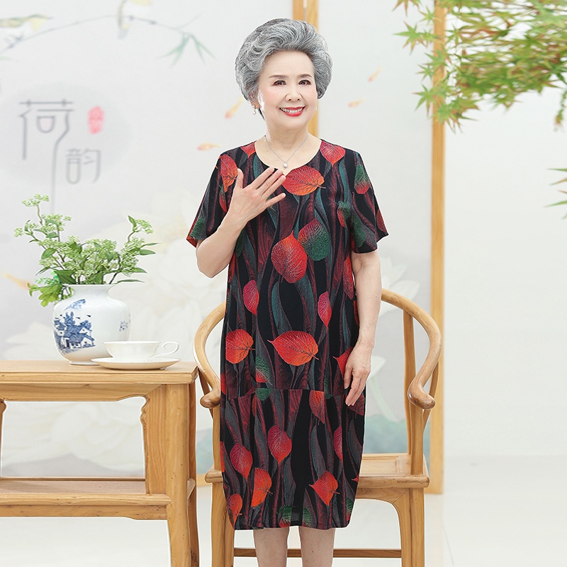 ✗☈▧Gaun orang paruh baya dan orang tua nenek perempuan rok sutra katun musim panas ukuran sedang mus