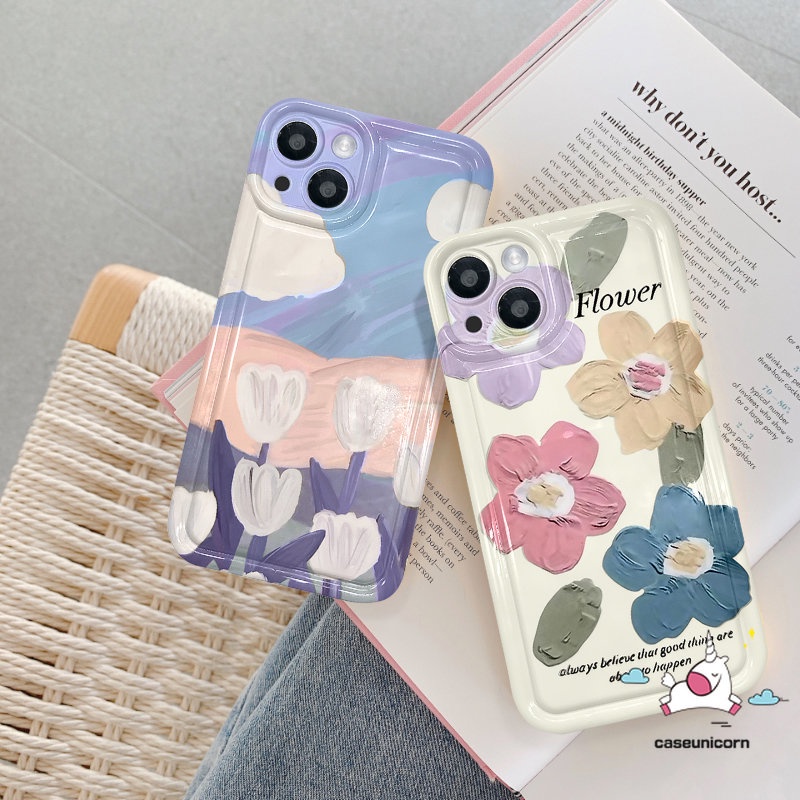 IPHONE Shockproof Airbag Back Case Kompatibel Untuk Iphone11 14 13 12 Pro MAX XR 6 6S 78 Plus X XS MAX Fresh Art Flower Tulips Lukisan Minyak Flowers Soft TPU Silicon Clear Phone Cover