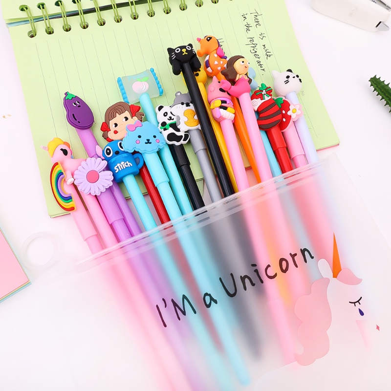 20pcs Tulisan Pena Netral Halus Dengan Tas Pulpen Gadis Lucu Pulpen Alat Tulis Kreatif Kartun Ujian Pena 0.5mm Tinta Hitam Tanda Tangan Pena Alat Highlight Siswa