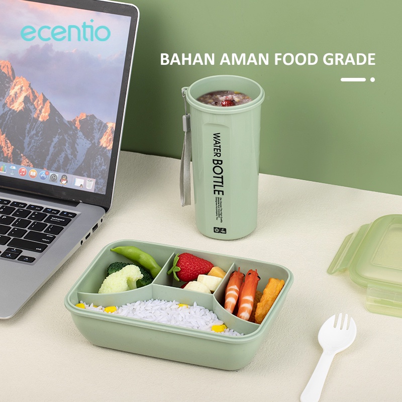 ecentio &amp; FOODI 4 Sekat Grid 1100ml Kotak Makan Set anak dan 500ml botol/Lunch Box Set 4 Grid Kotak Bekal Makan Botol Minum Free Sendok Tempat Makanan anak kecil BPA free