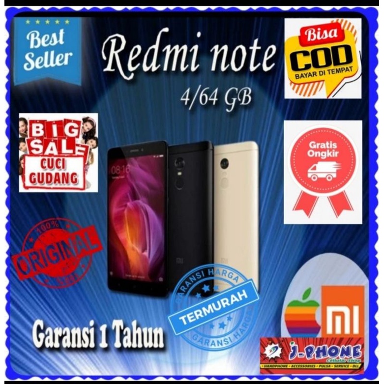 CUCI GUDANG MURAH HP NEW XIAOMI REDMI NOTE 4 RAM 4GB/64GB GARANSI RESMI