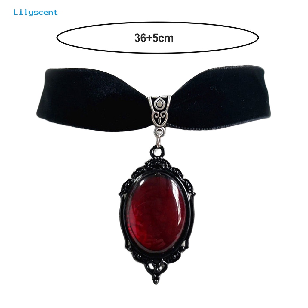 [LS] Wanita Choker Vintage Gothic Water Drop Geometris Adjustable Dress Up Beludru Wanita Faux Gemstone Pendant Klavikula Kalung Perhiasan Hadiah