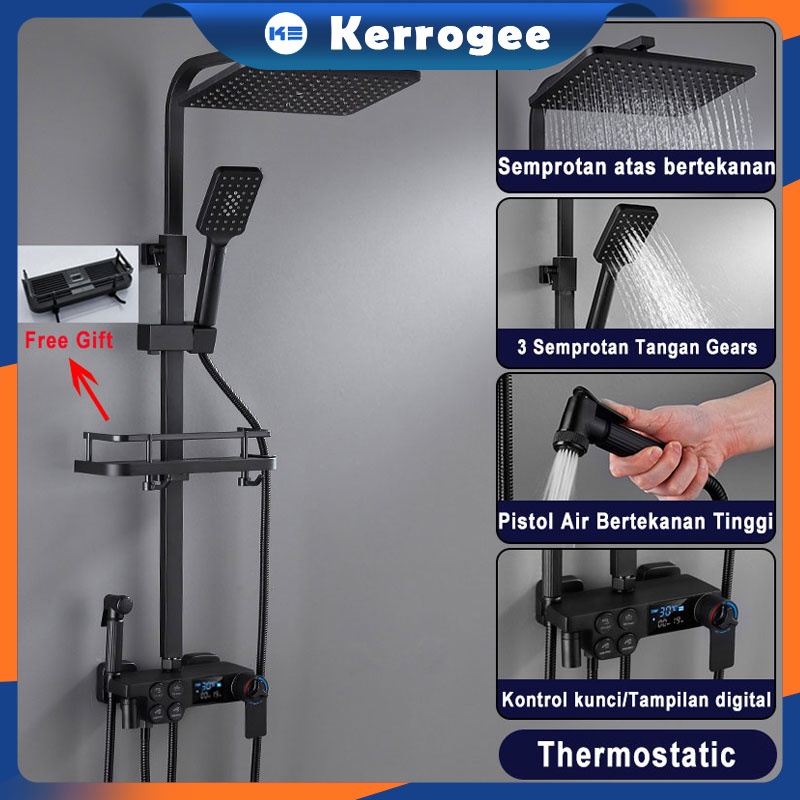 KERROGEE Shower Kamar Mandi 4 Dalam 1 Digital Display Thermostatic Shower Set Dengan Faucet Sprayer Faucet Panas Dan Dingin Set pancuran tembaga lengkap