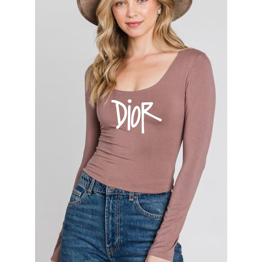 kaos wanita import tangan panjang bodyfit U neck V neck