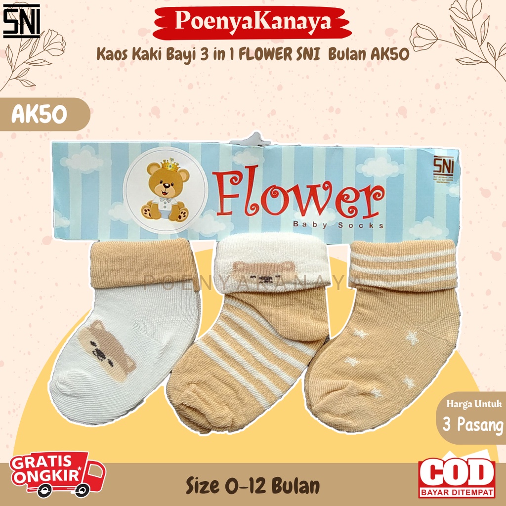 3Set Kaos Kaki Bayi 3 in 1 FLOWER SNI 0 - 12 Bulan AK50