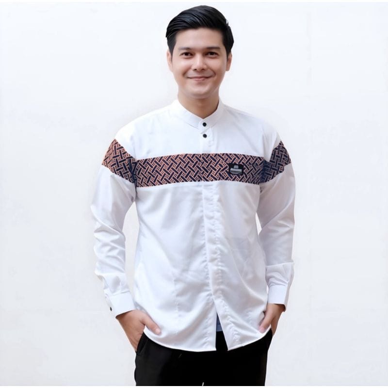 Baju Koko Pria Dewasa Lengan Panjang Pakaian Muslim Lebaran Laki-laki Motif Kobata Kombinasi Batik