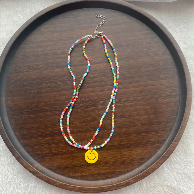 PROMO 3.3 SALE Kalung Manik Double Layer Mix Beads Warna Campur Rainbow Liontin Smile Trendy Fancy Korean Style Choker Necklace