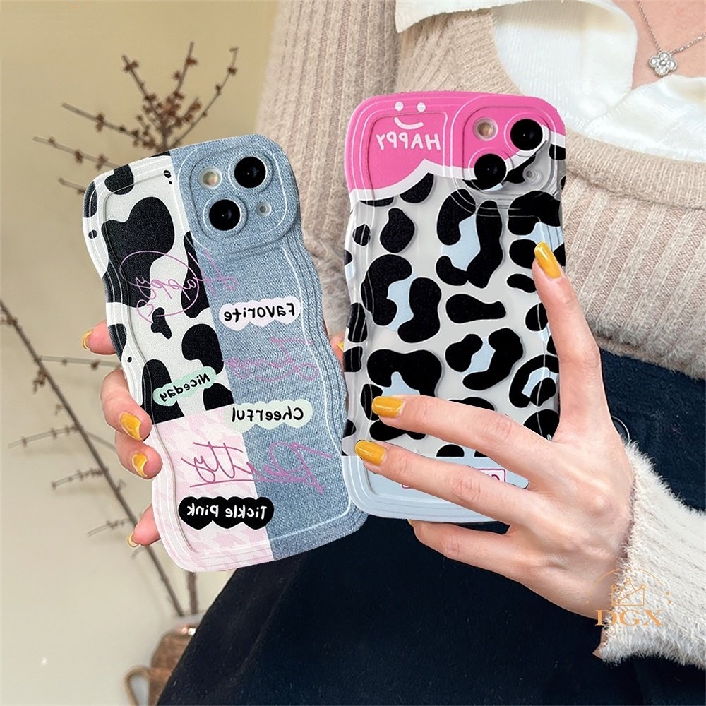 IPHONE Fashion Case Kompatibel Untuk Iphone11 13 12 14 Pro MAX iPhone7 8plus 6s Plus XR 14Plus XS MAX Denim Patch Happy Leopard Print Wavy Edge Soft Couple Phone Cover DGX