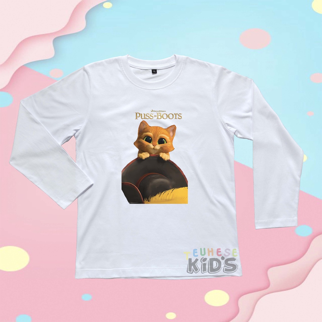 BAJU KAOS ATASAN LENGAN PANJANG ANAK MOTIF KARAKTER PUSS IN BOOTS