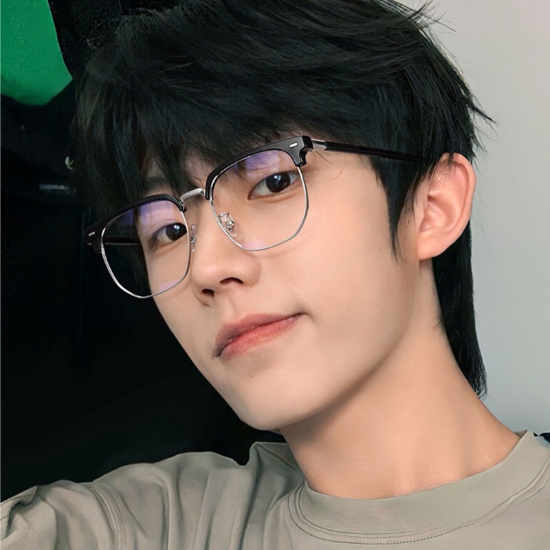 (YUZHU) Indah Mode Tinggi Logam Bulat Persegi Grame Kacamata Anti Cahaya Biru Alis Bingkai Setengah Rim Eyeglasses