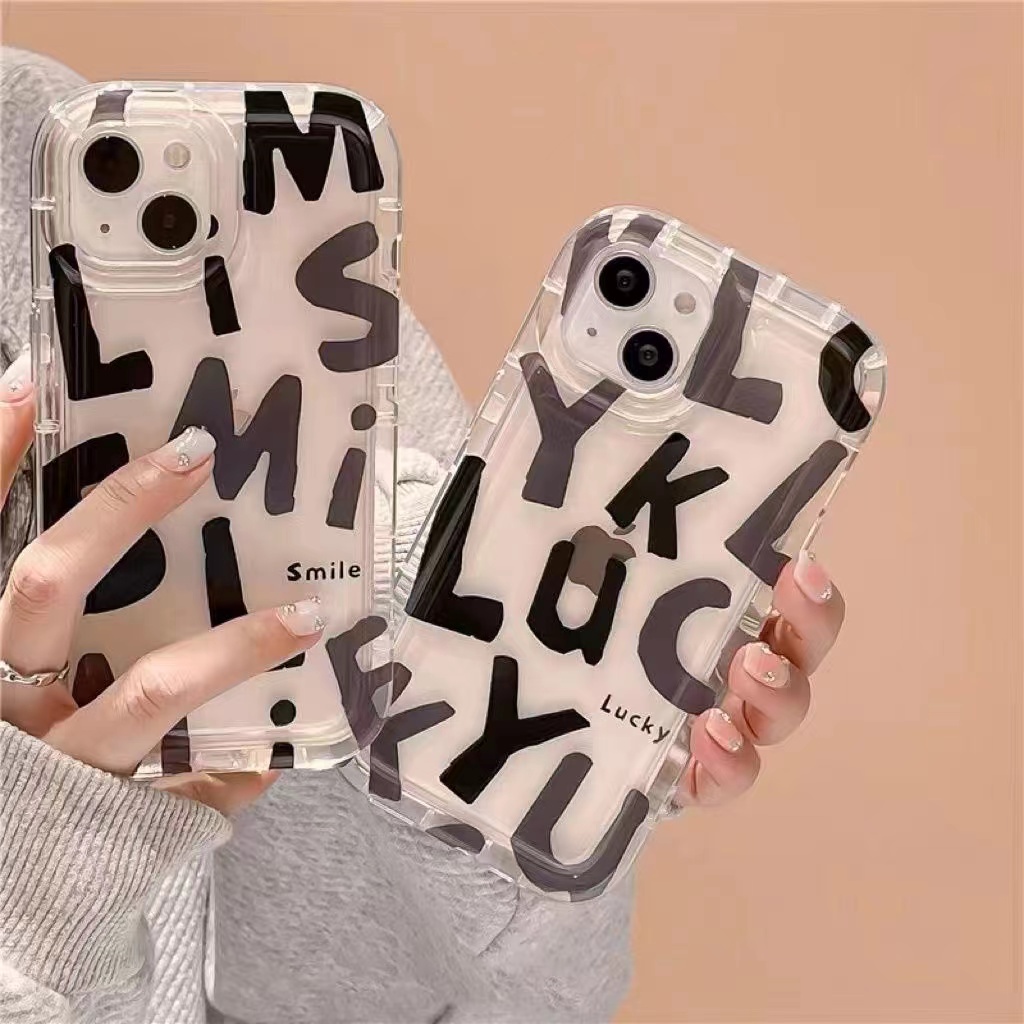 IPHONE Ins Huruf Pola Keberuntungan Cocok Untuk Iphone14 14pro 14plus 13 13mini 13pro 13prm iPhone12 7Plus 8Plus Xr XS 13 12mini Pro Max Empat Sudut Casing Ponsel Tahan Guncangan