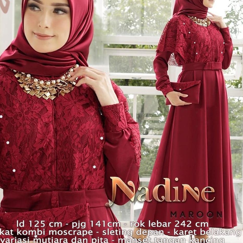 ✈ Maxi Gamis Pesta NADINE 3XL JUMBO Brukat kombi Moscrepe BUSUI Sreting Variasi Mutiara dan Pita ۞