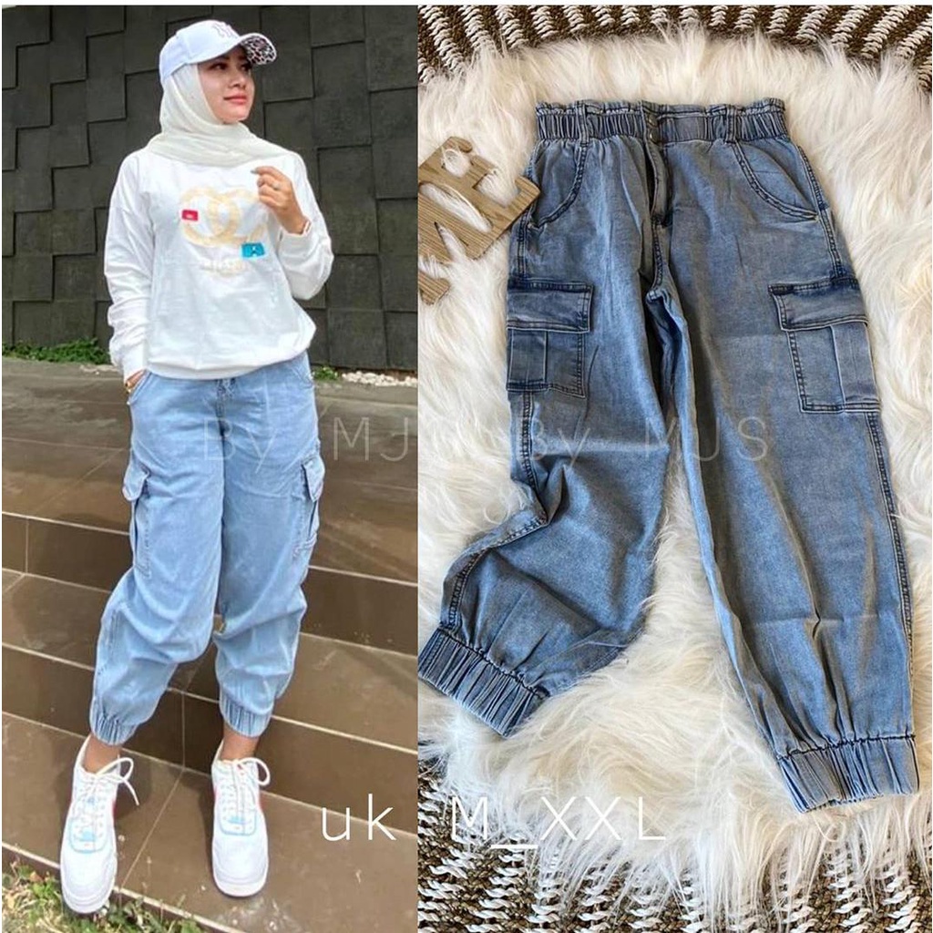 Jogger Jeans Cargo Panjang Wanita Pinggang Karet Warna Snow Boyfriend Jeans Cargo