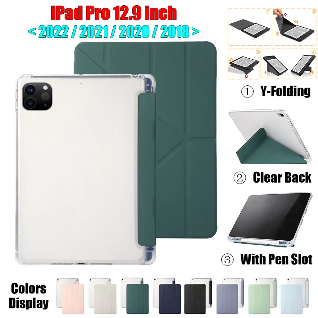 Untuk iPad Pro 12.9 2022 2021 2020 2018 12.9-inch 5th 4th 3rd generation Tablet Casing Pelindung Mode Y-Bracket Transformers Flip Stand Cover High End Matte Transparan Back Case