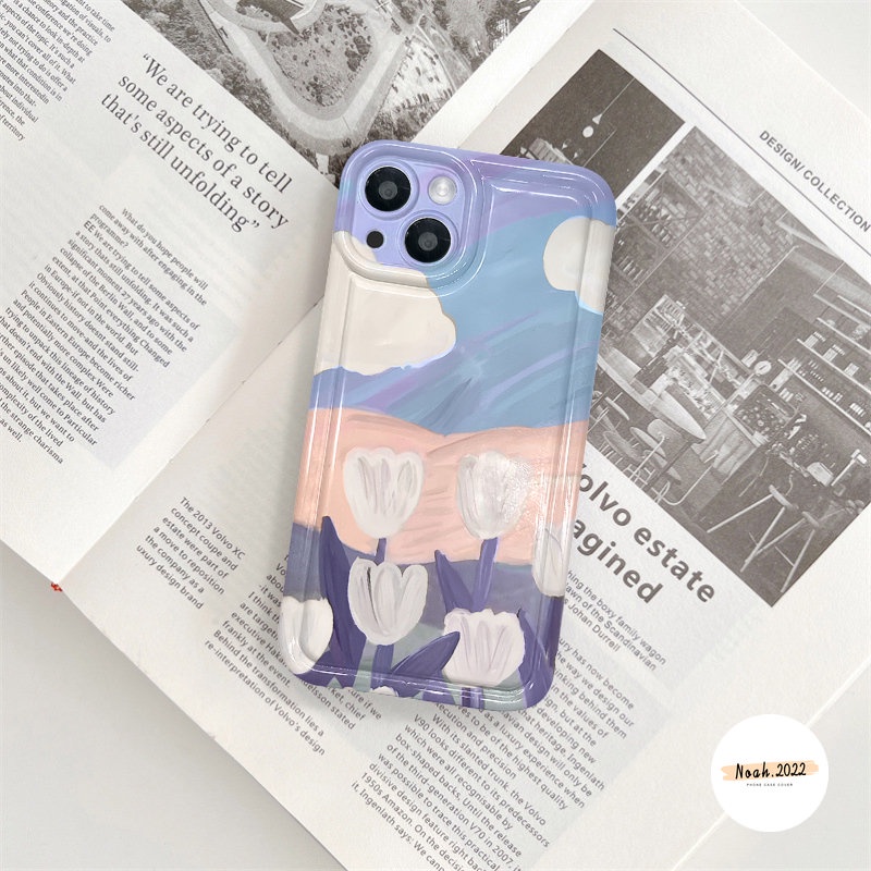 IPHONE Case Bunga Lukisan Cat Minyak Kompatibel Untuk Iphone11 14 13 12 Pro MAX X XS MAX XR 6 6S 7 8 Plus Shockproof Airbag Clear Fresh Art Flower Tulips Soft Phone Case TPU Penutup Belakang