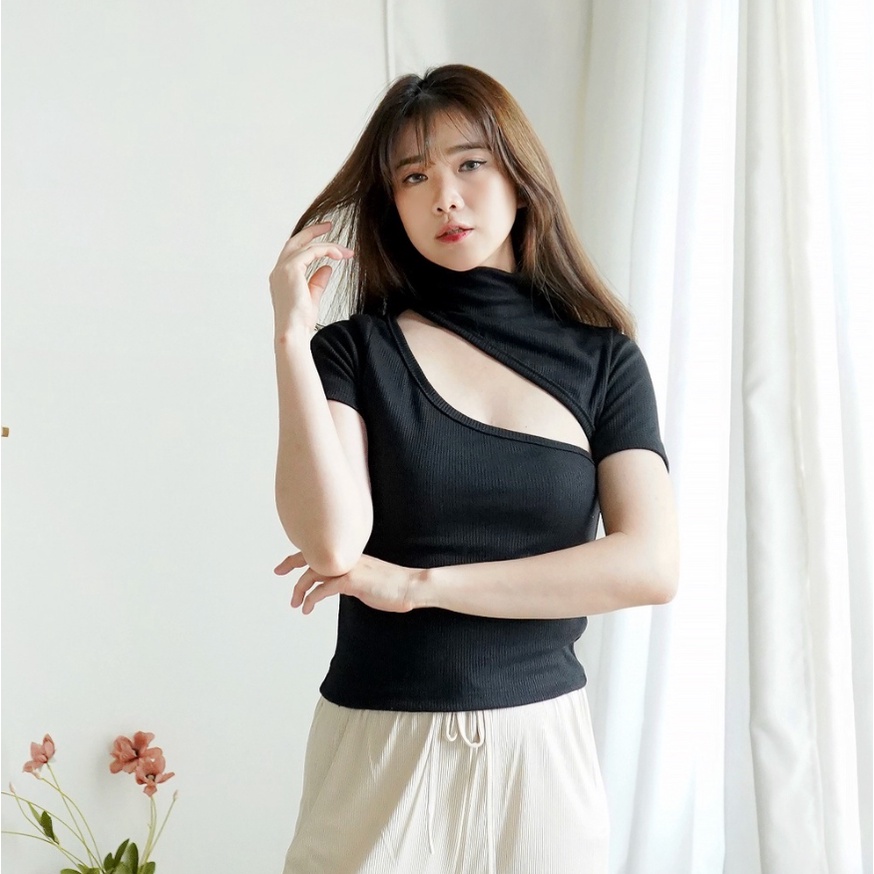 CAVALU Korean Knit Crop Top High Neck Top Korea Rajut Kaos Wanita 200